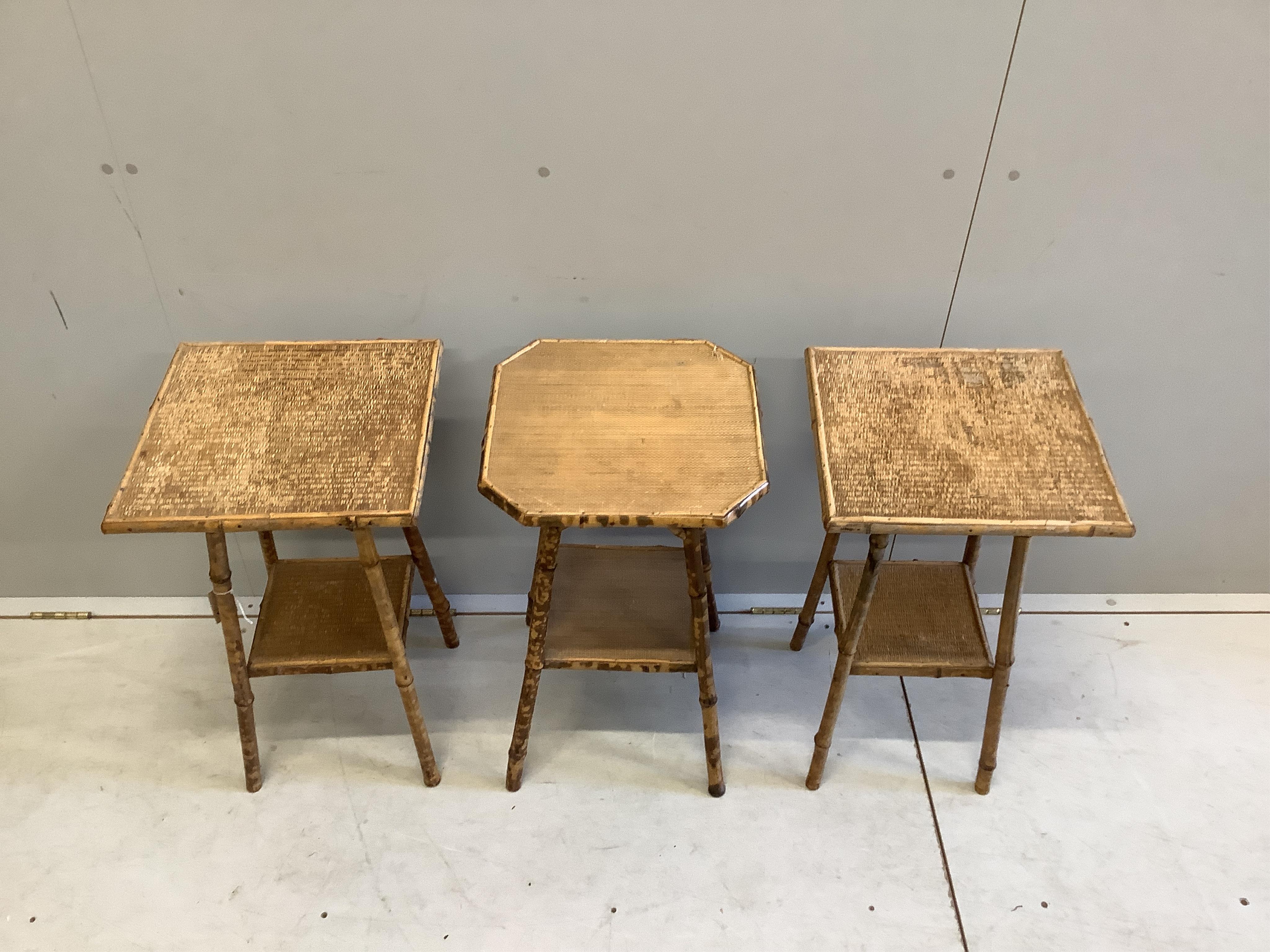 Three caned bamboo two tier occasional tables, larger width 39cm, depth 39cm, height 66cm